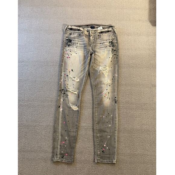 True Religion Halle 26 Gray Paint Splatter Distressed Skinny Jeans - Picture 1 of 9